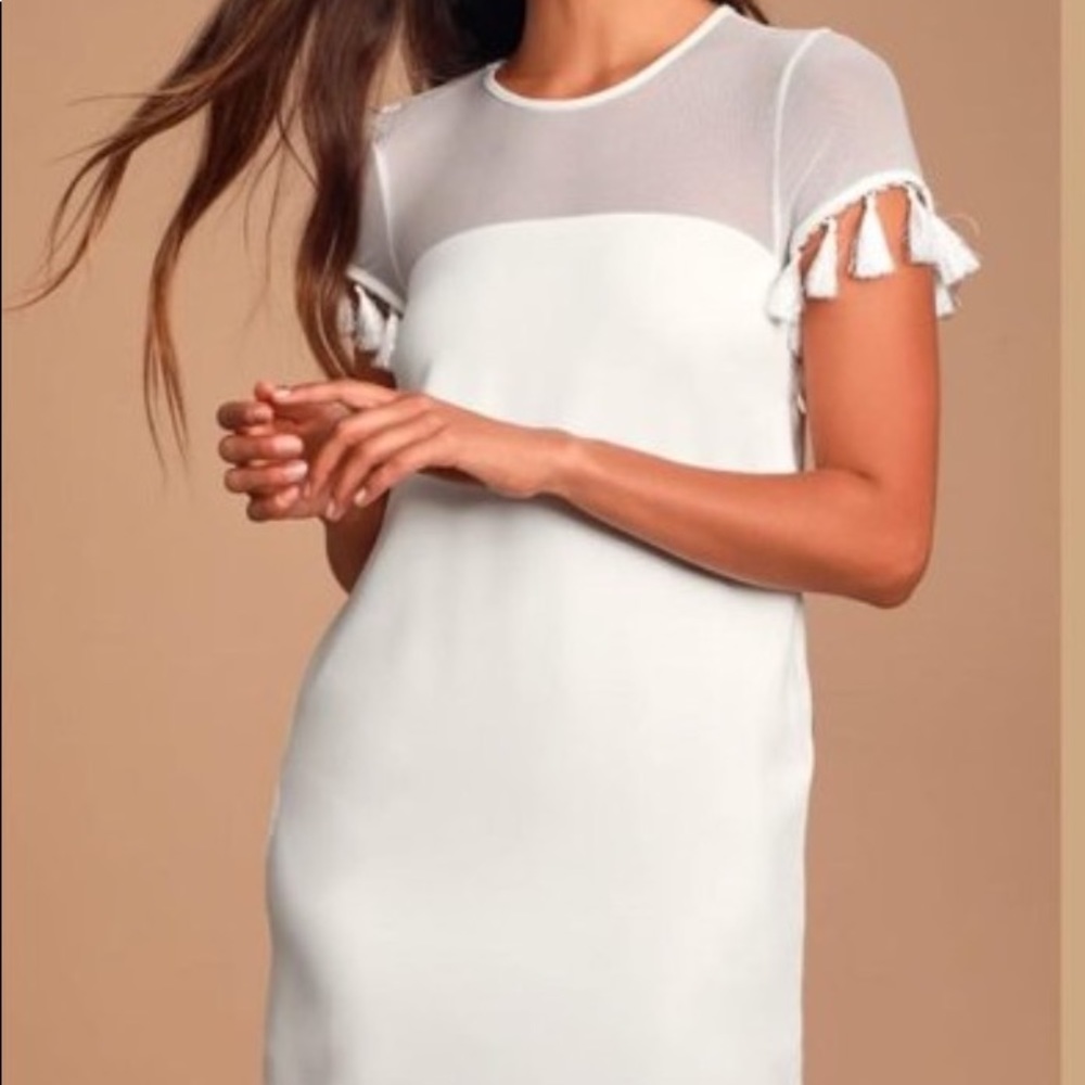 Lulus Iced Latte White Shift Tassel Sleeve Dress